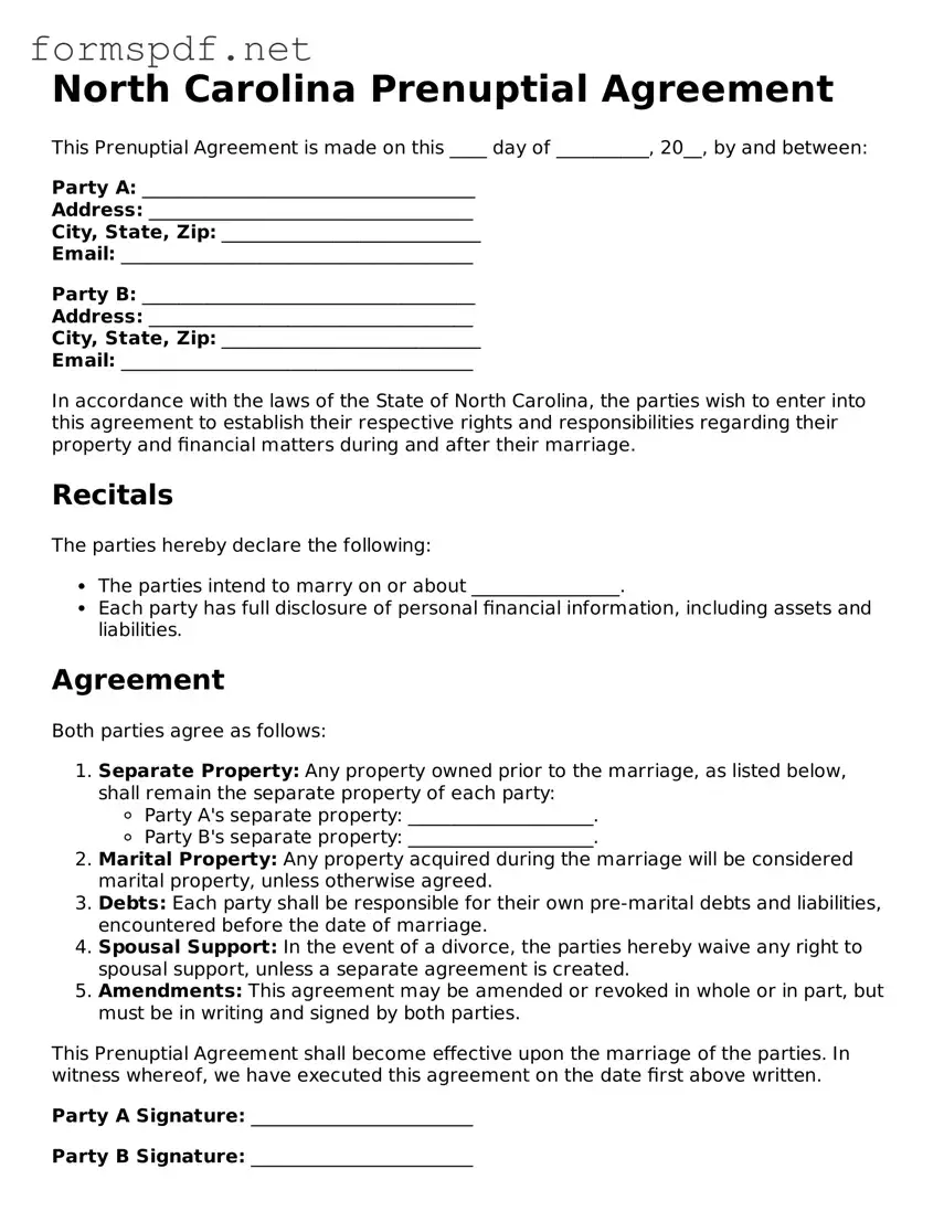 Free  Prenuptial Agreement Form for North Carolina