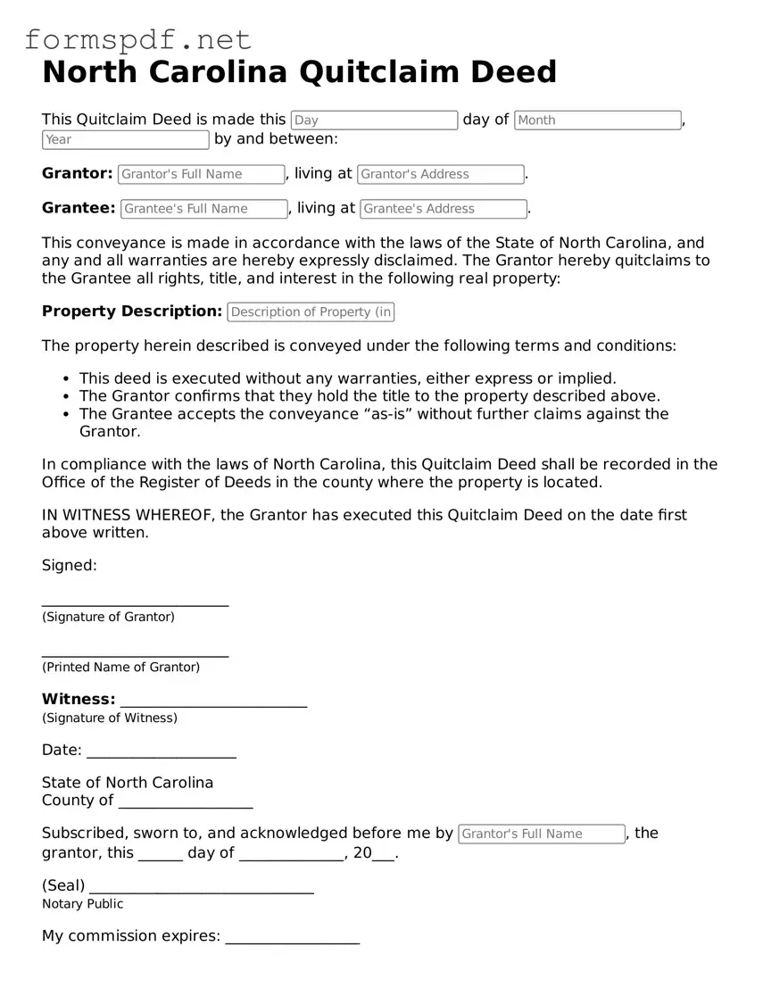 Free  Quitclaim Deed Form for North Carolina