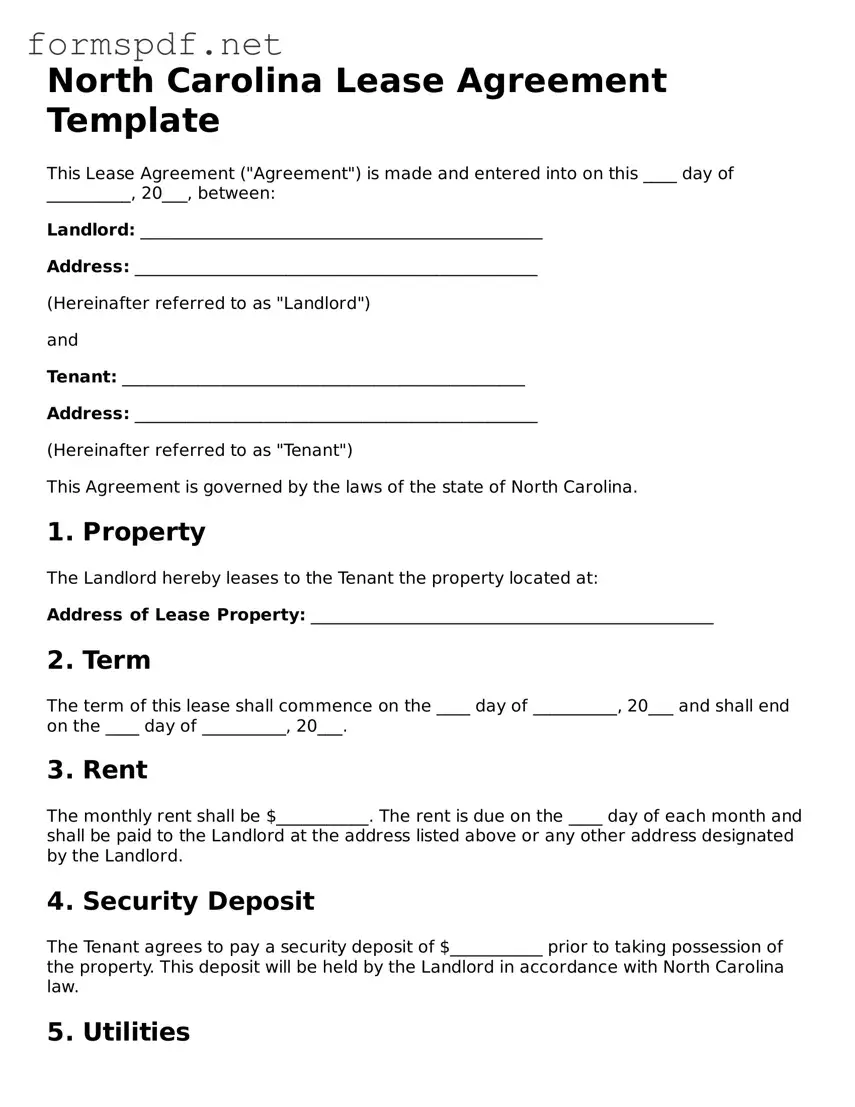 Free  Lease Agreement Form for North Carolina