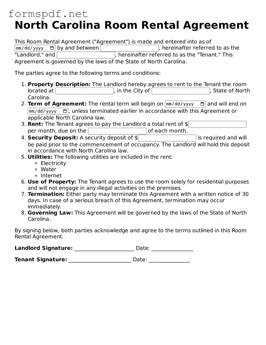 Free Room Rental Agreement Form for North Carolina