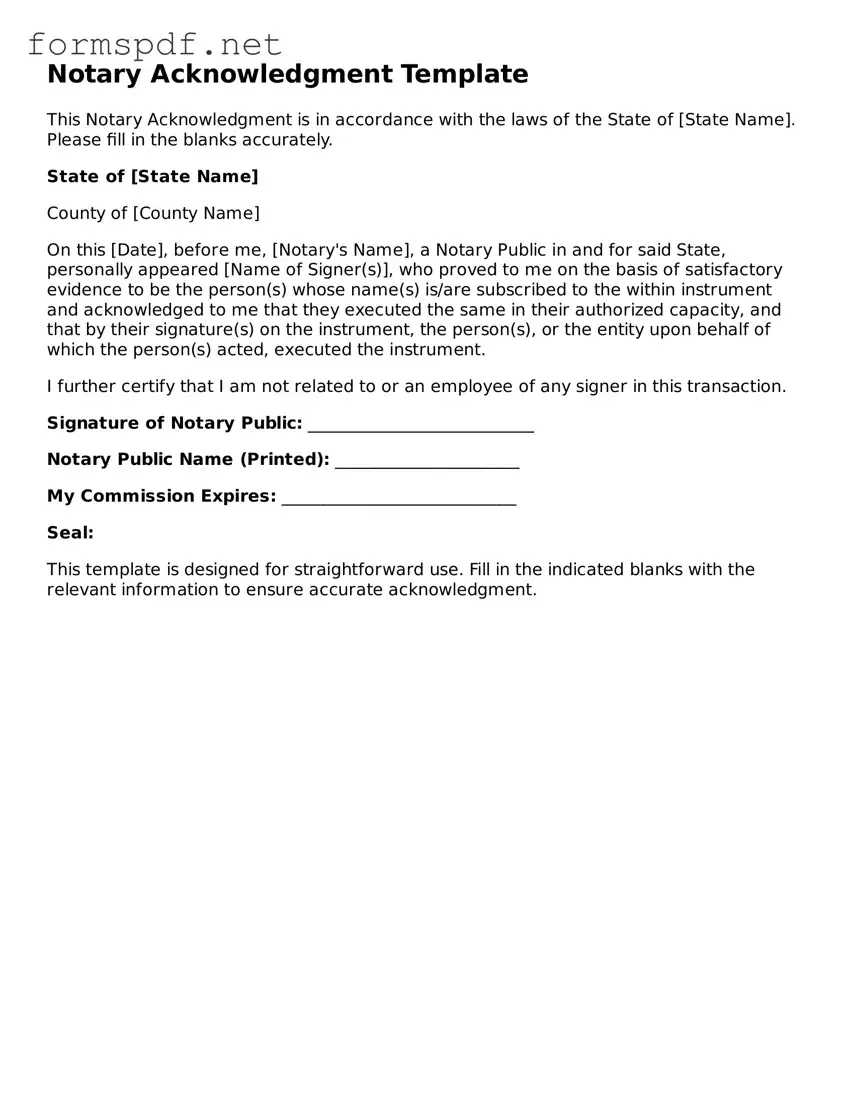 Fillable Notary Acknowledgement Form