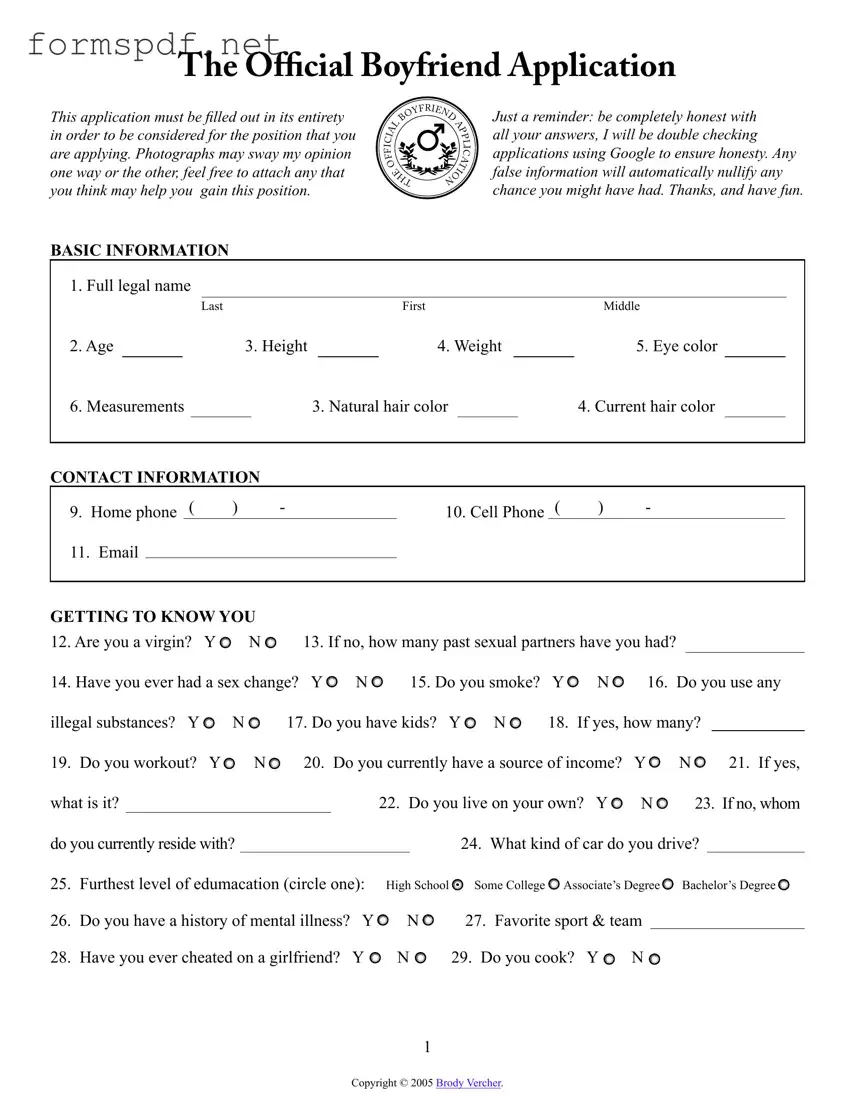 Free Boyfriend application form PDF Form