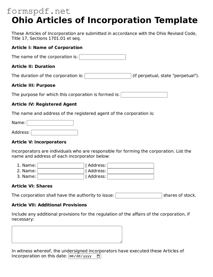 Free  Articles of Incorporation Form for Ohio