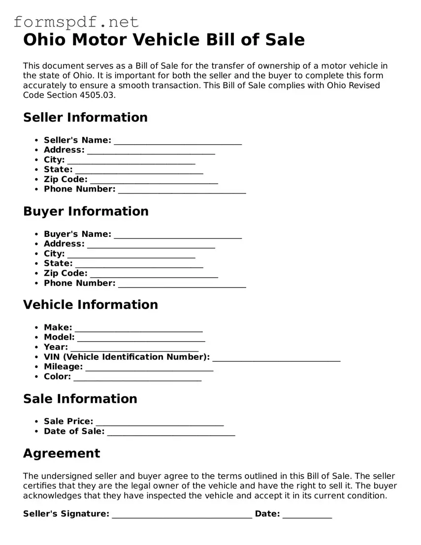 Free  Motor Vehicle Bill of Sale Form for Ohio