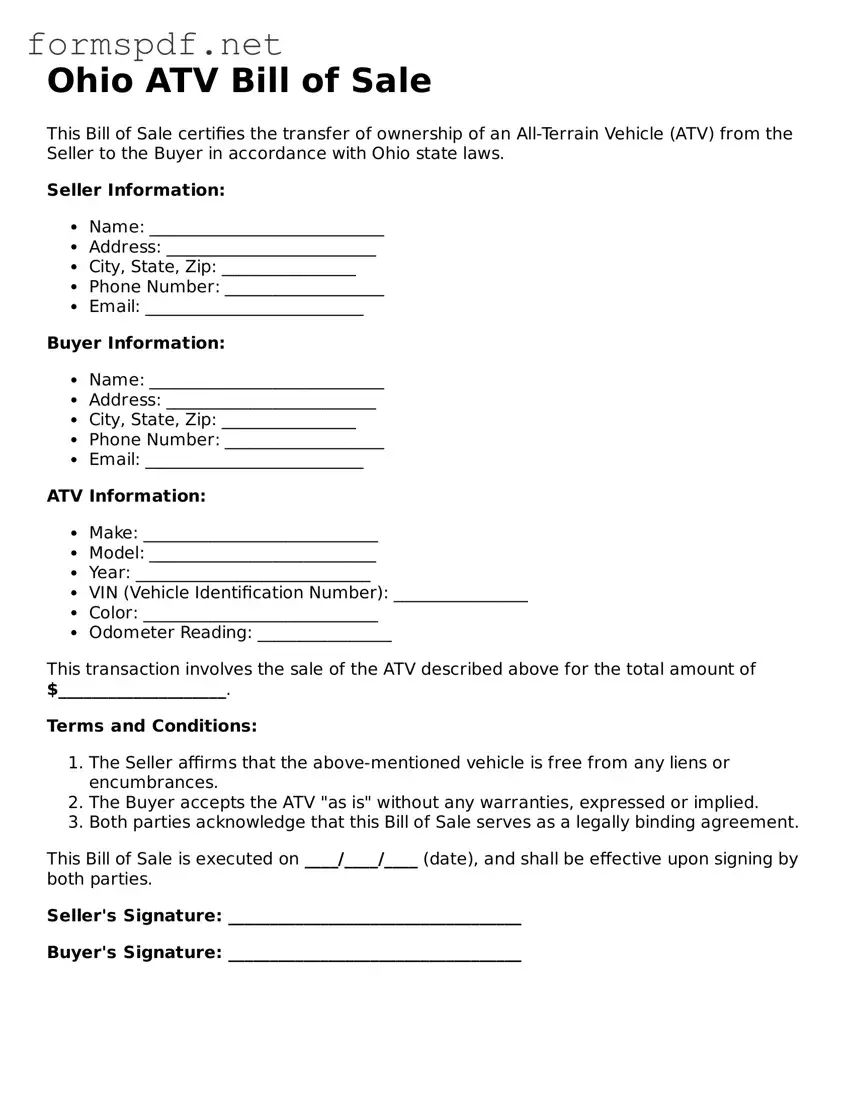 Free  ATV Bill of Sale Form for Ohio