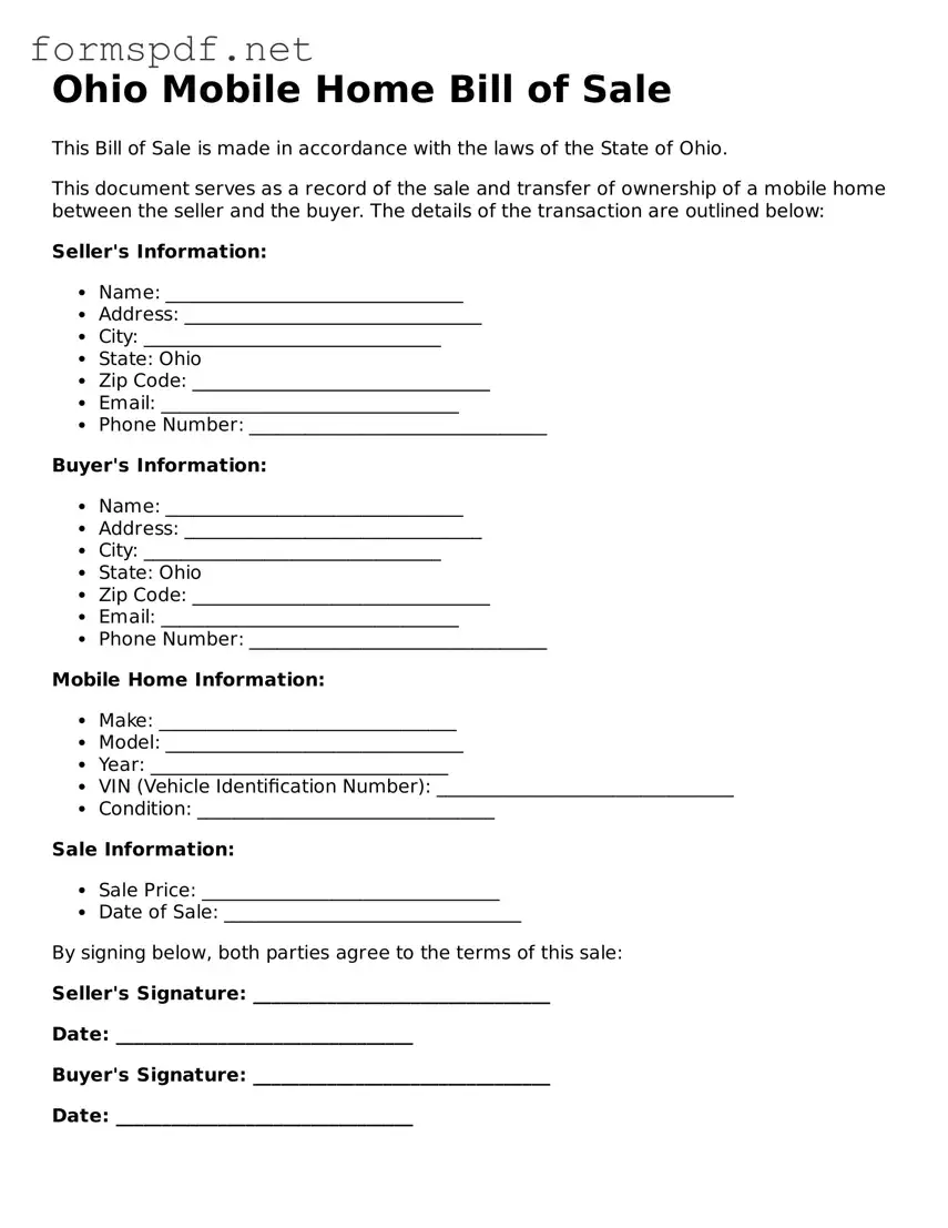 Free  Mobile Home Bill of Sale Form for Ohio