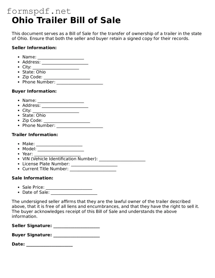 Free  Trailer Bill of Sale Form for Ohio