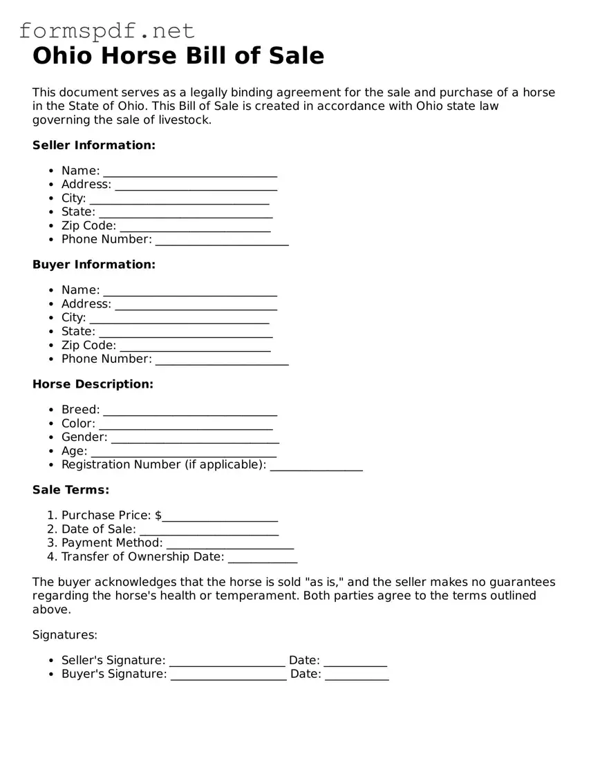 Free Horse Bill of Sale Form for Ohio