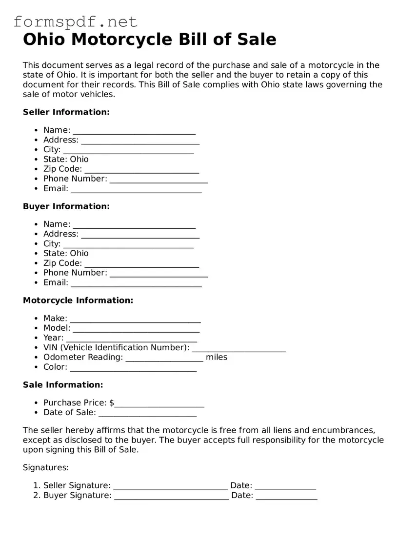 Free  Motorcycle Bill of Sale Form for Ohio