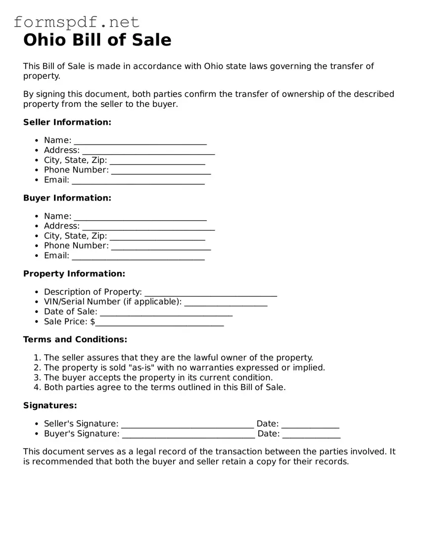 Free  Bill of Sale Form for Ohio