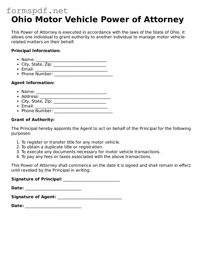 Free  Motor Vehicle Power of Attorney Form for Ohio