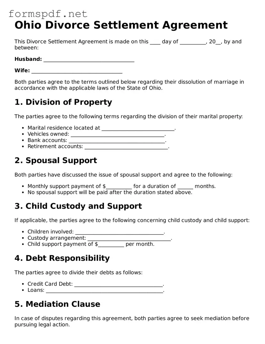 Free  Divorce Settlement Agreement Form for Ohio