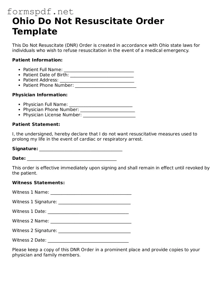 Free  Do Not Resuscitate Order Form for Ohio