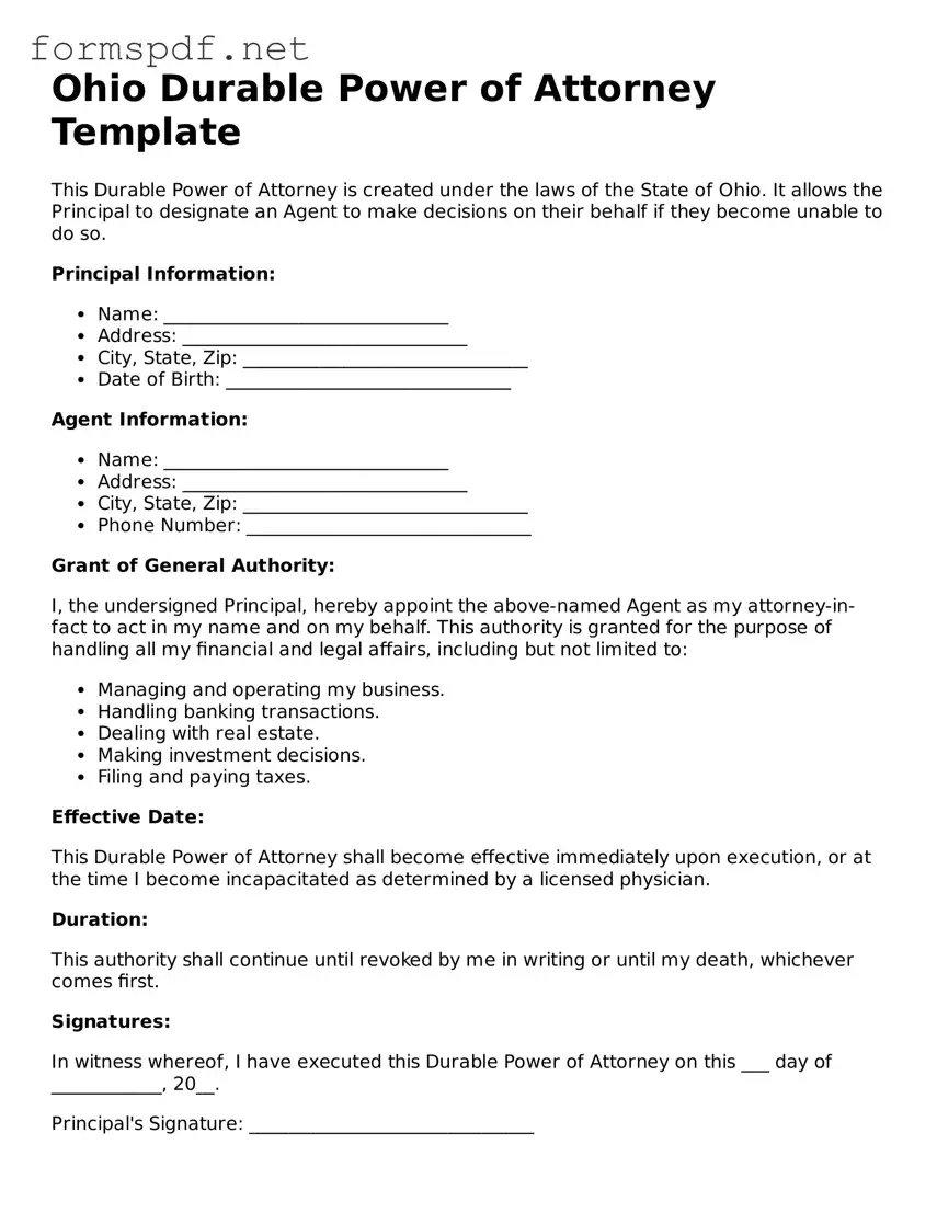 Free  Durable Power of Attorney Form for Ohio