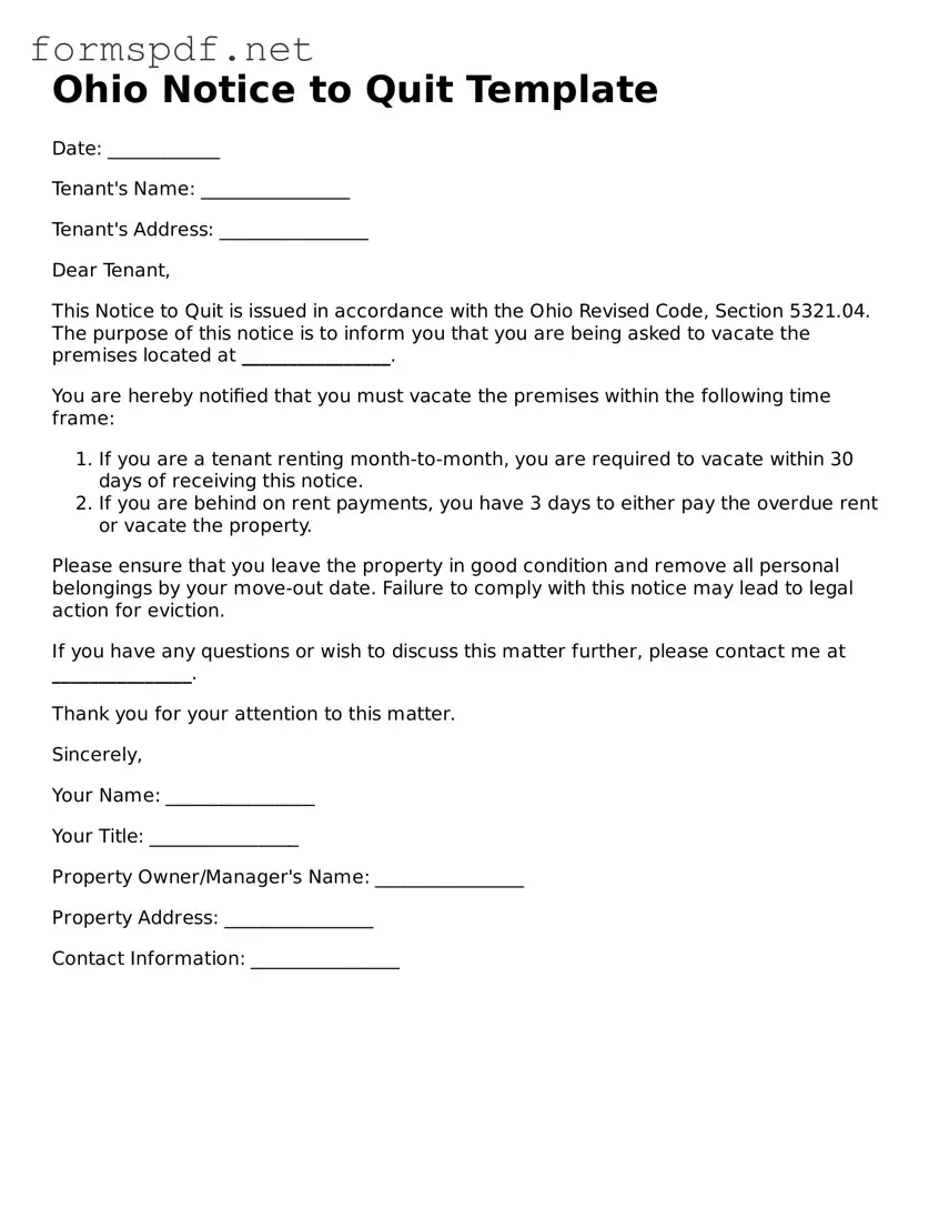 Free  Notice to Quit Form for Ohio