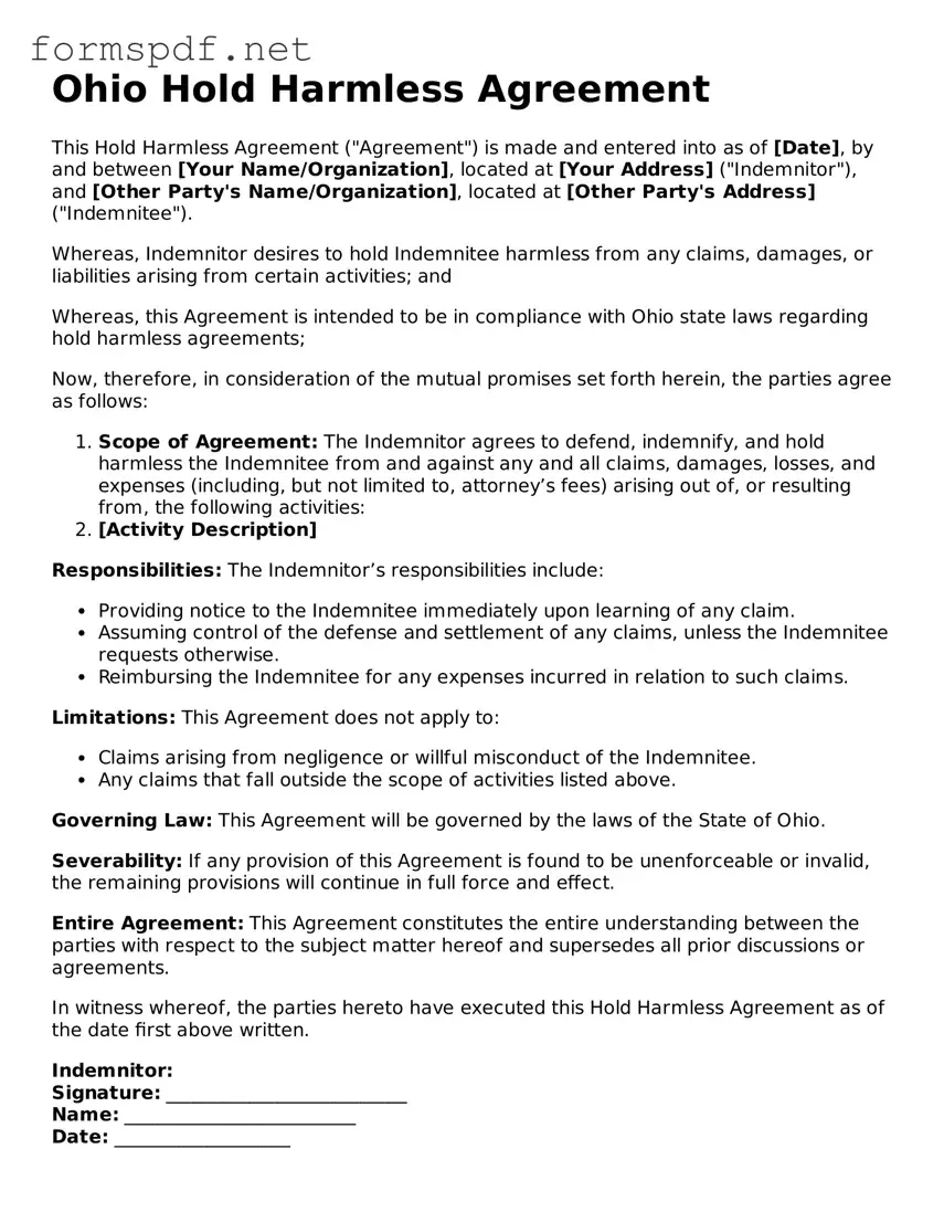 Free  Hold Harmless Agreement Form for Ohio