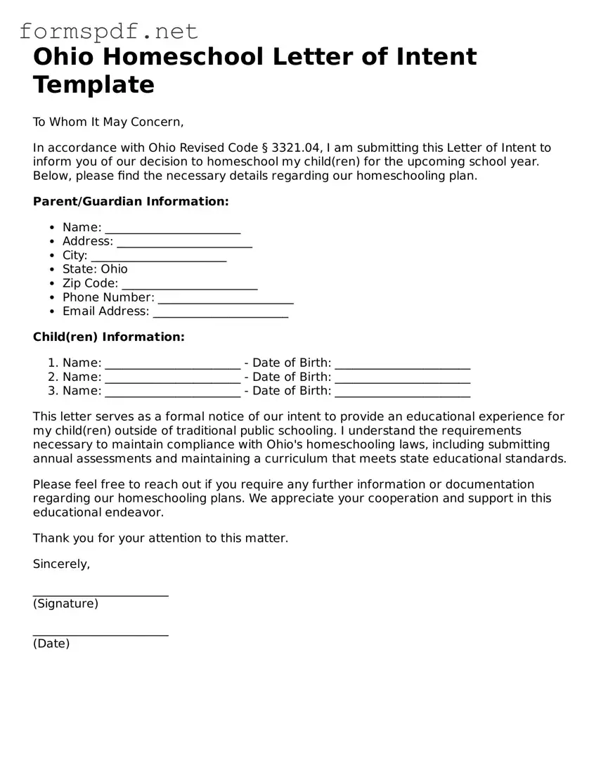 Free  Homeschool Letter of Intent Form for Ohio
