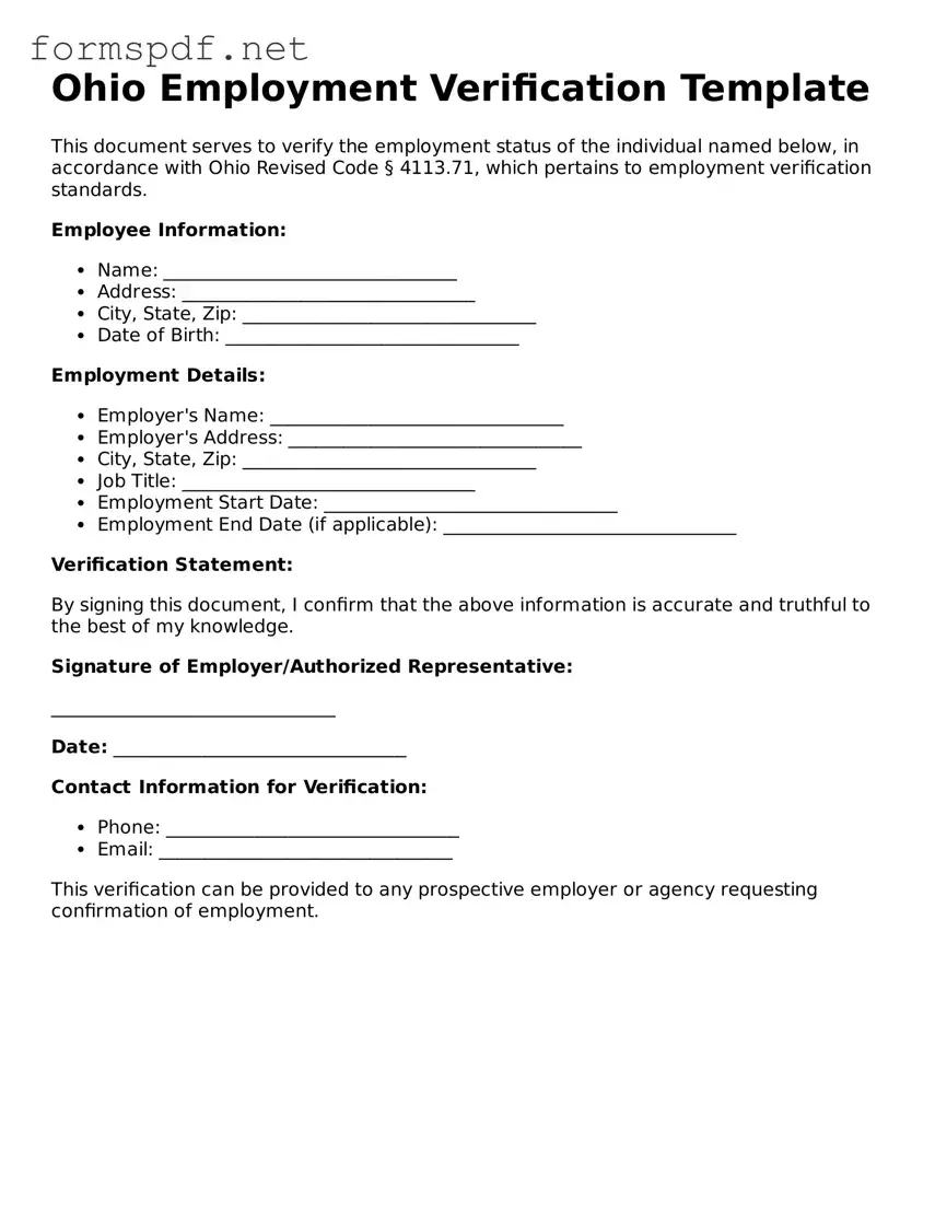 Free  Employment Verification Form for Ohio