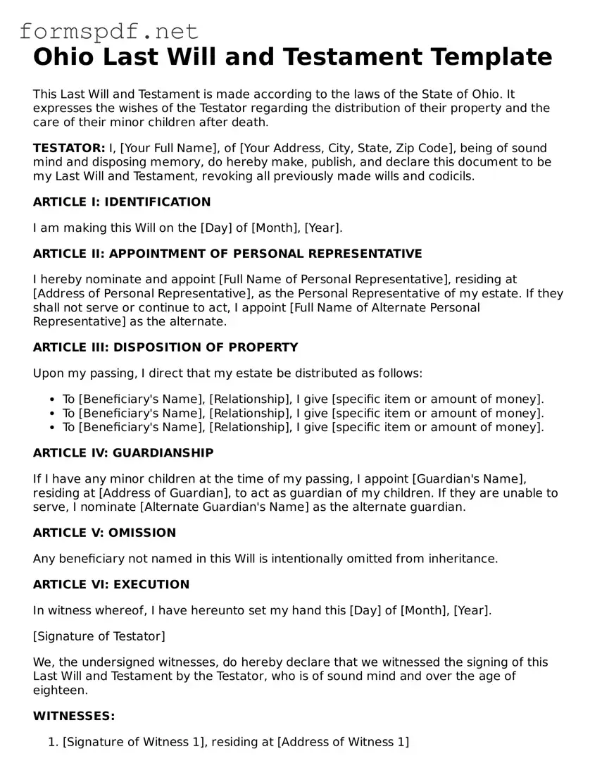 Free  Last Will and Testament Form for Ohio