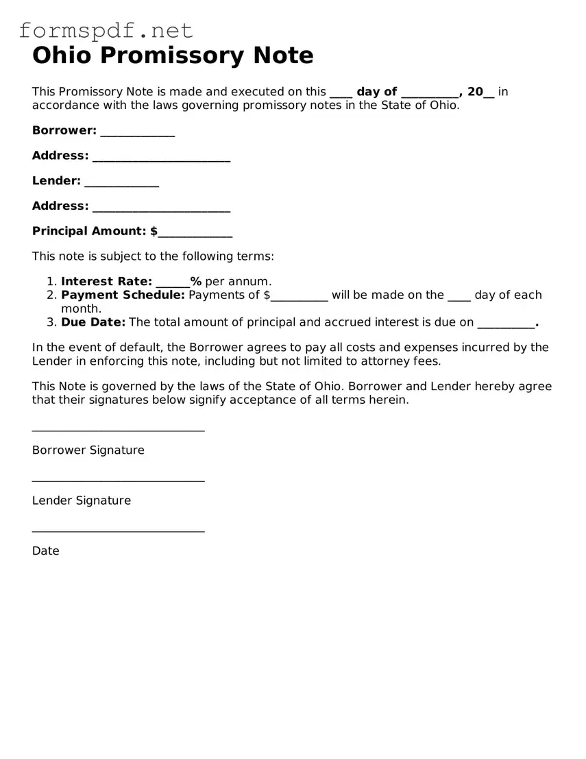 Free  Promissory Note Form for Ohio