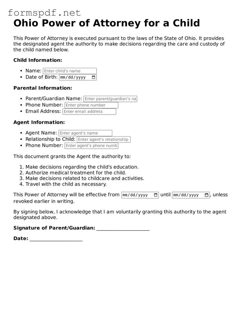 Free  Power of Attorney for a Child Form for Ohio