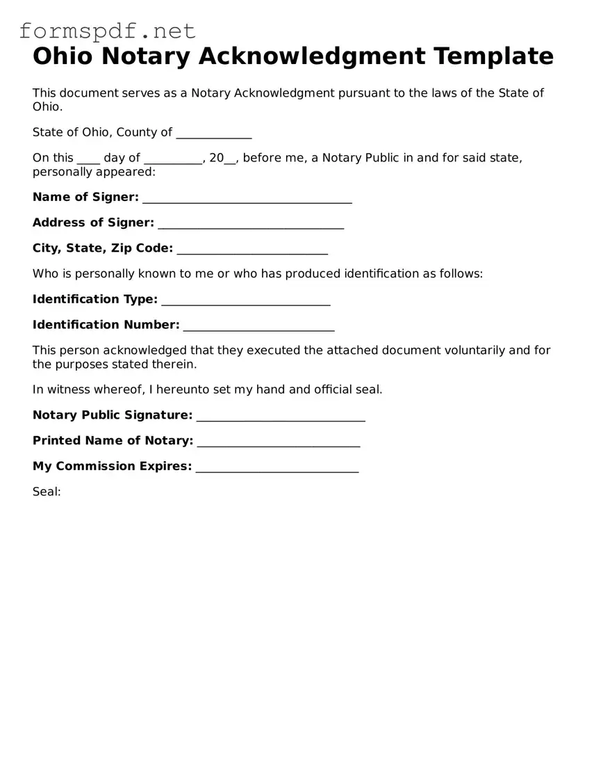 Free  Notary Acknowledgement Form for Ohio