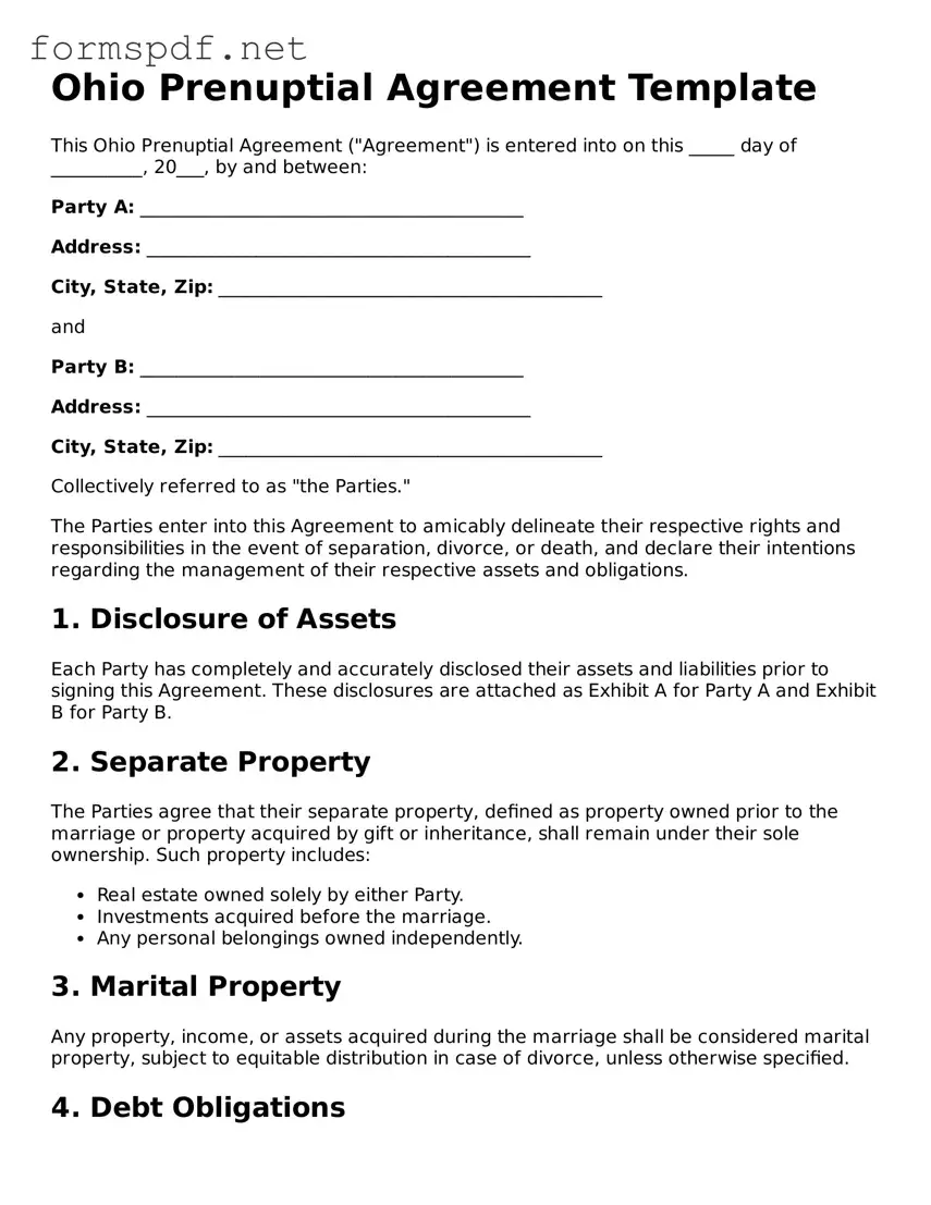Free  Prenuptial Agreement Form for Ohio