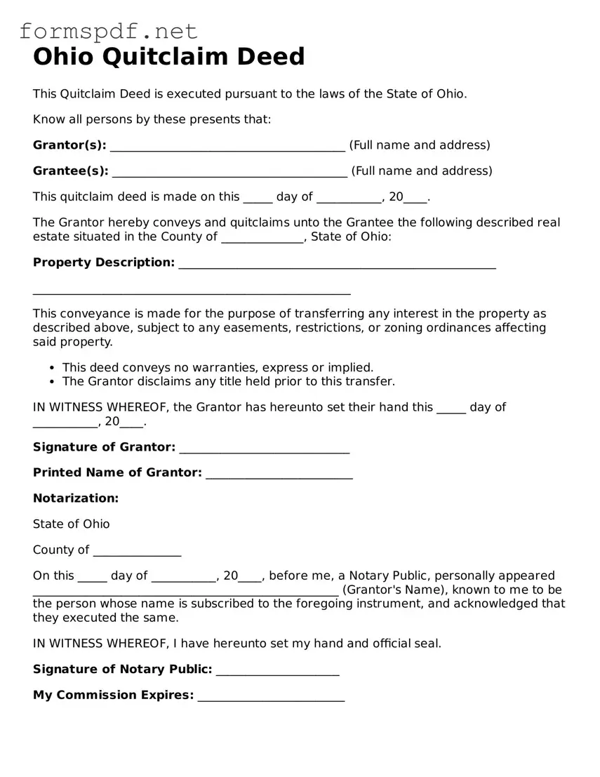 Free  Quitclaim Deed Form for Ohio