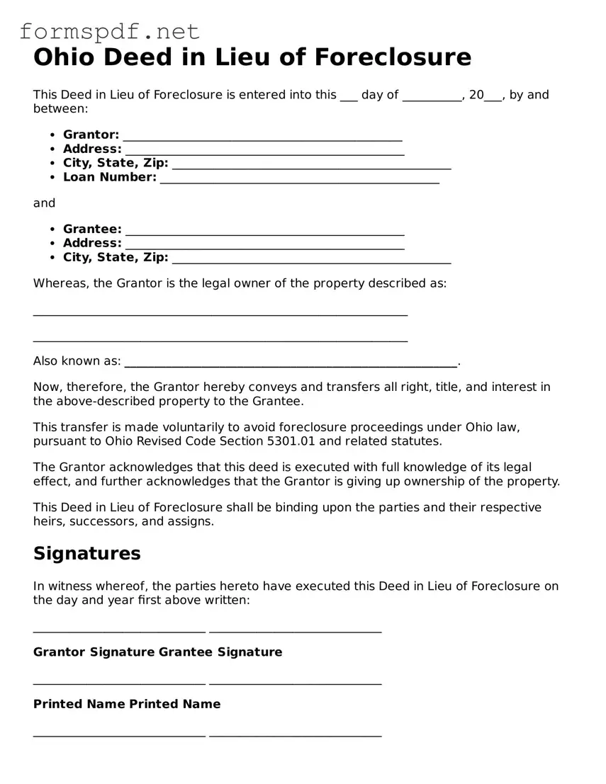 Free  Deed in Lieu of Foreclosure Form for Ohio