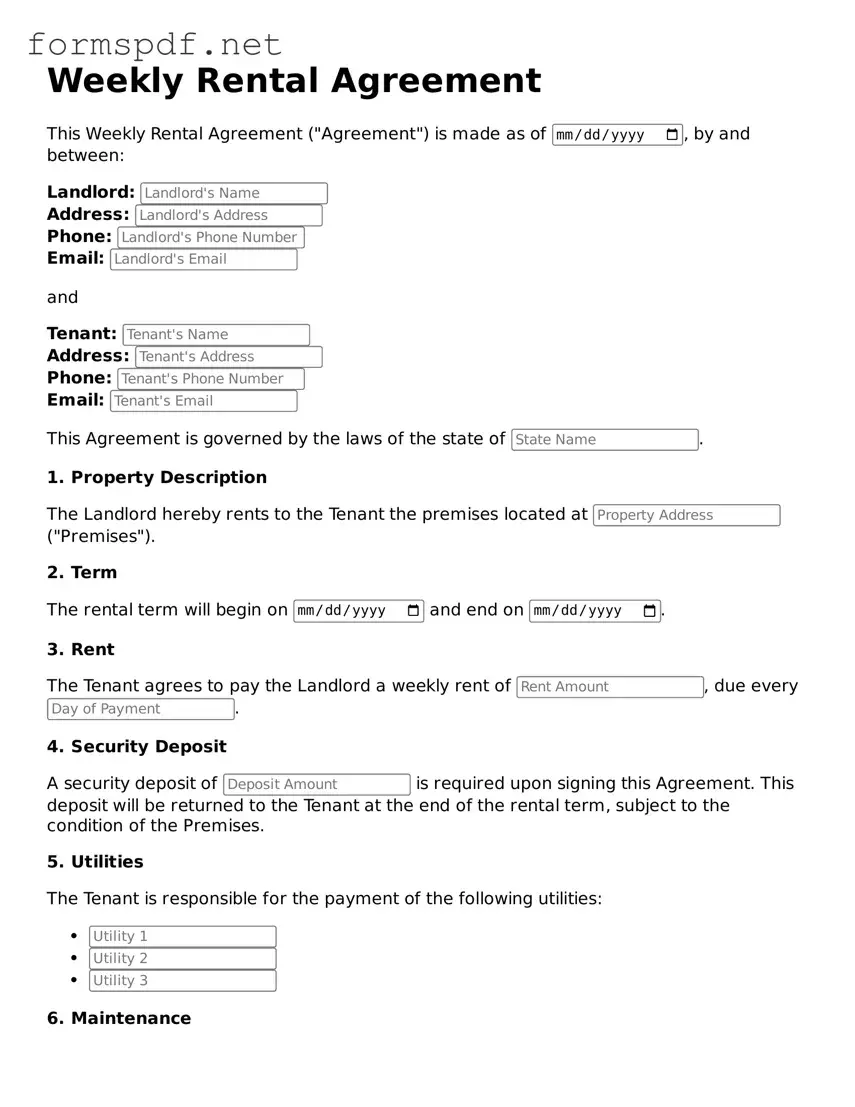 Fillable Weekly Rental Agreement Form