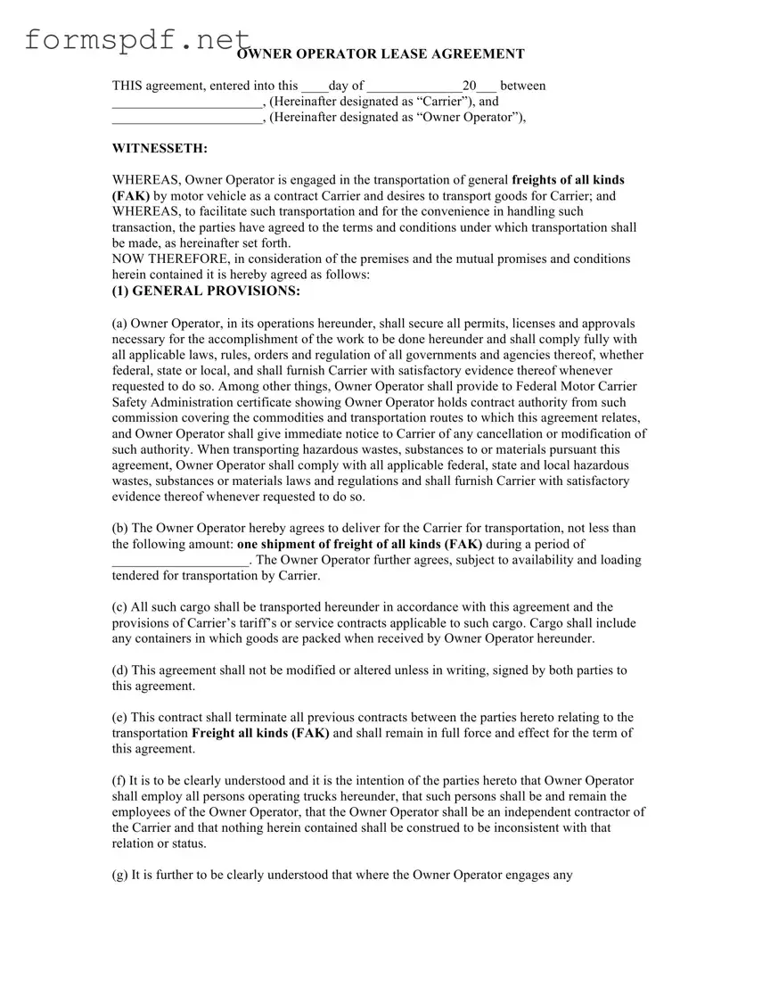 Free Owner Operator Lease Agreement PDF Form