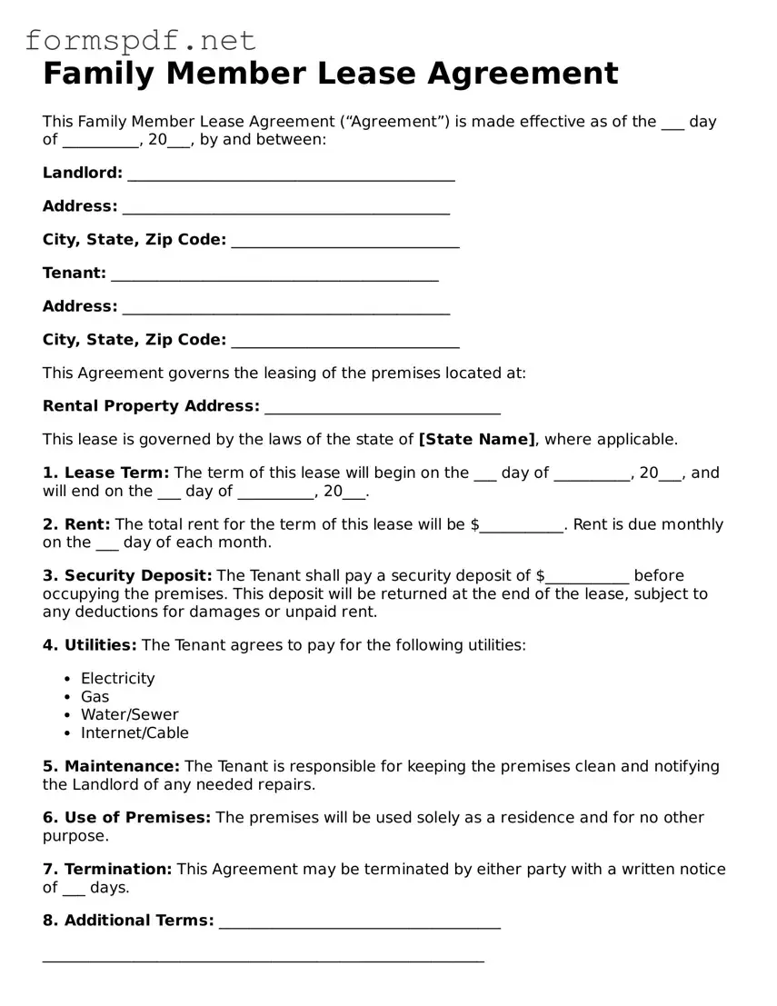 Fillable Family Member Lease Agreement Form