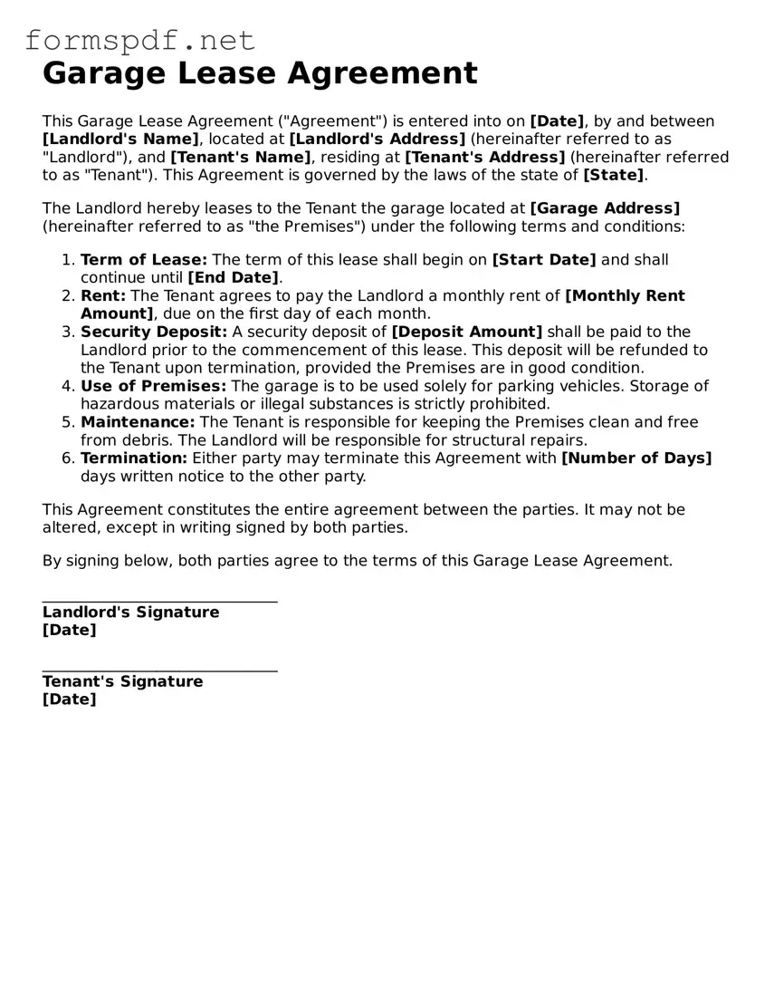 Fillable Garage Lease Agreement Form