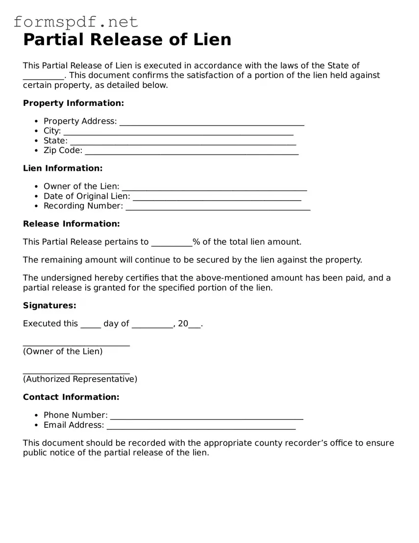 Fillable Partial Release of Lien Form