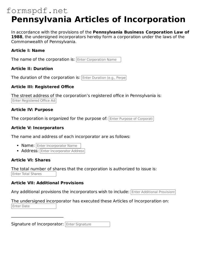 Free  Articles of Incorporation Form for Pennsylvania