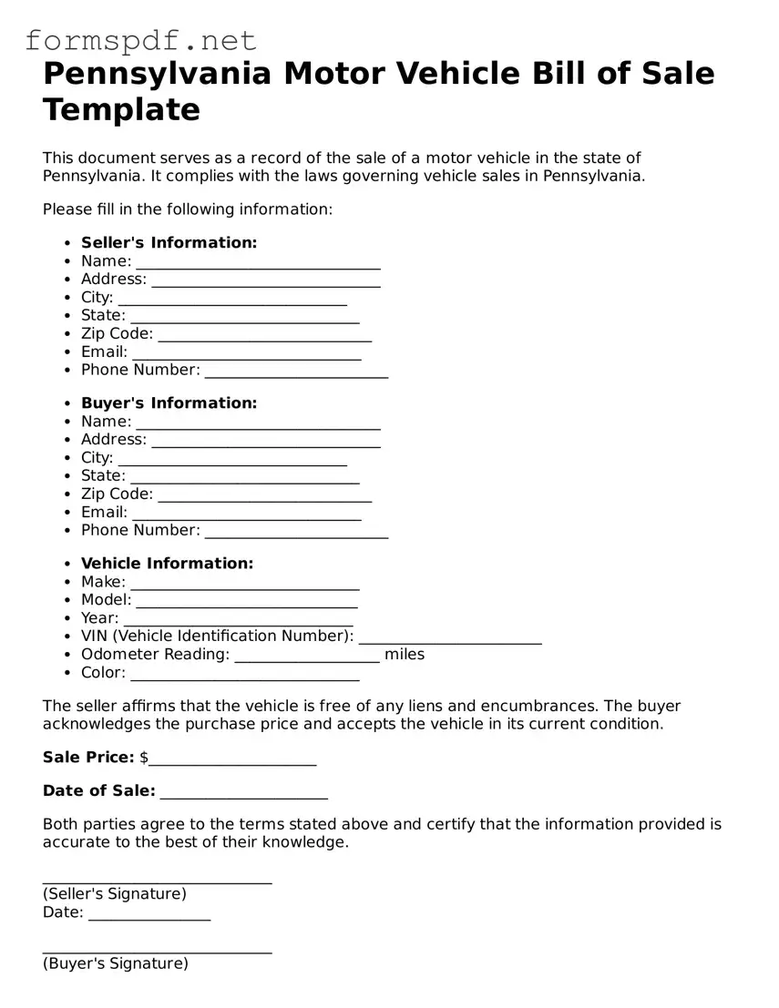 Free  Motor Vehicle Bill of Sale Form for Pennsylvania