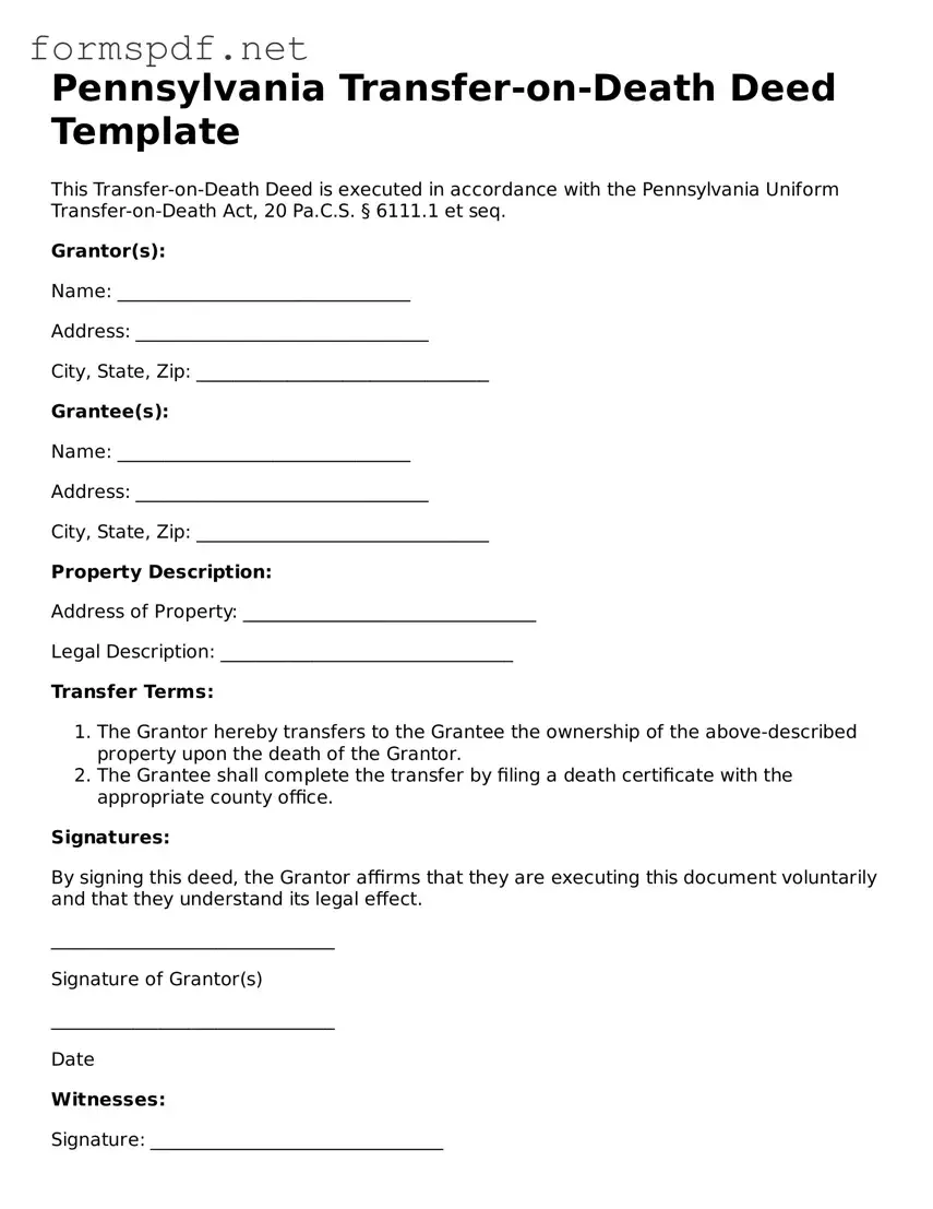 Free  Transfer-on-Death Deed Form for Pennsylvania