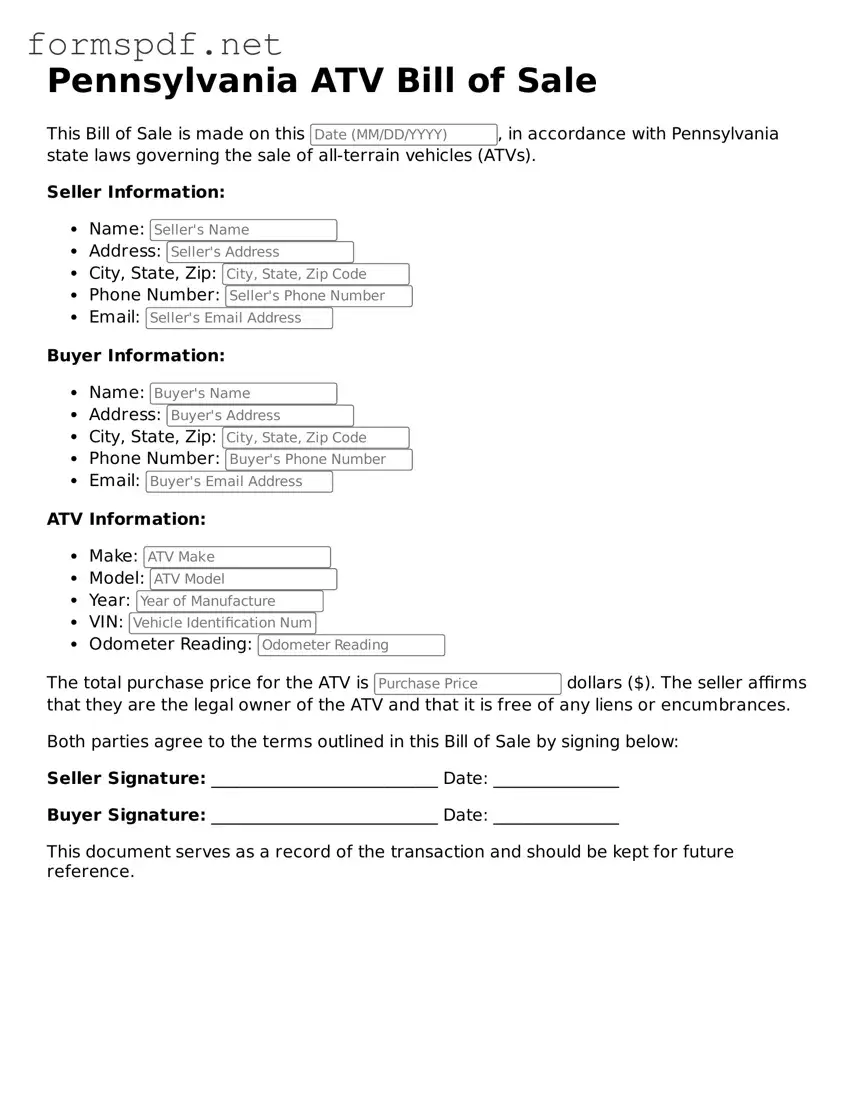 Free  ATV Bill of Sale Form for Pennsylvania