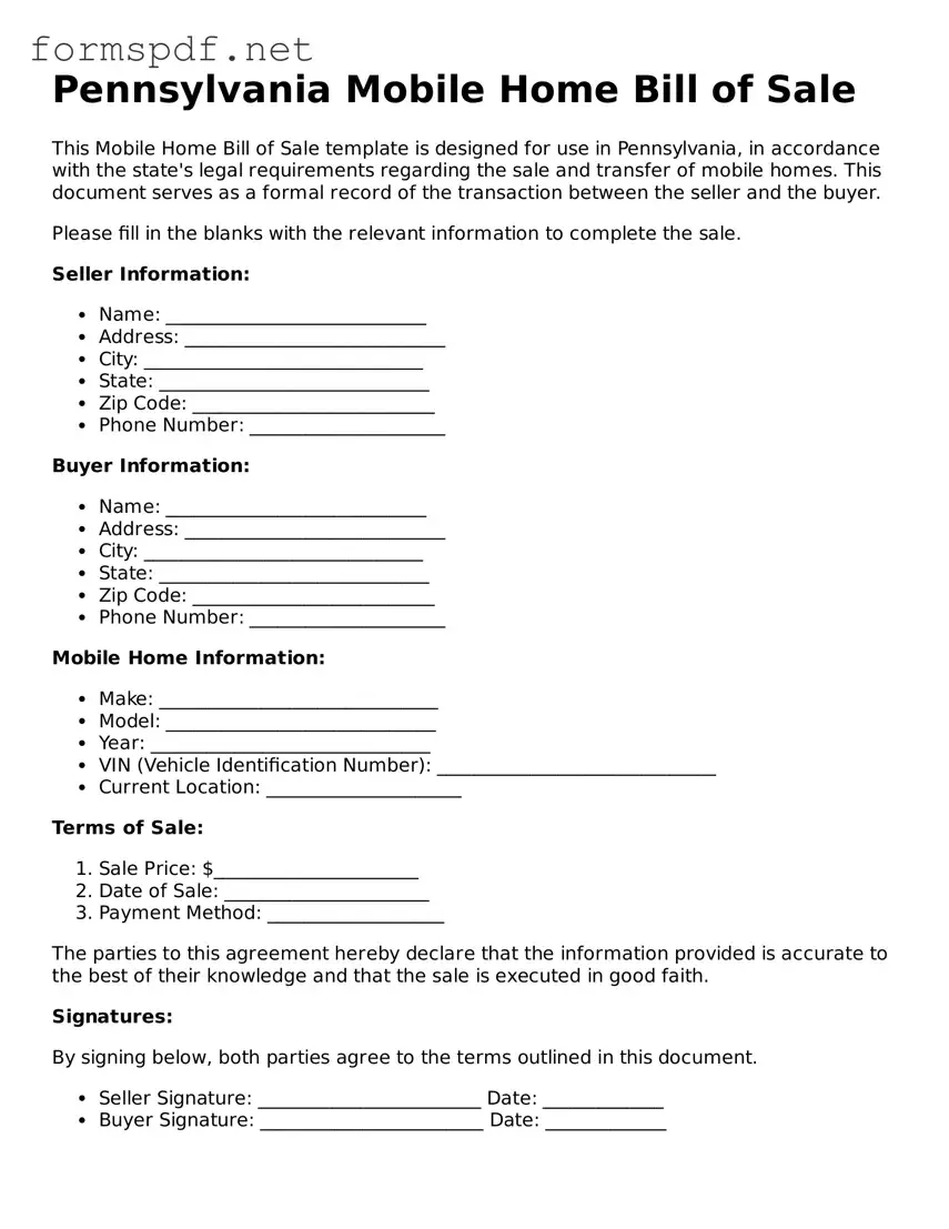 Free  Mobile Home Bill of Sale Form for Pennsylvania