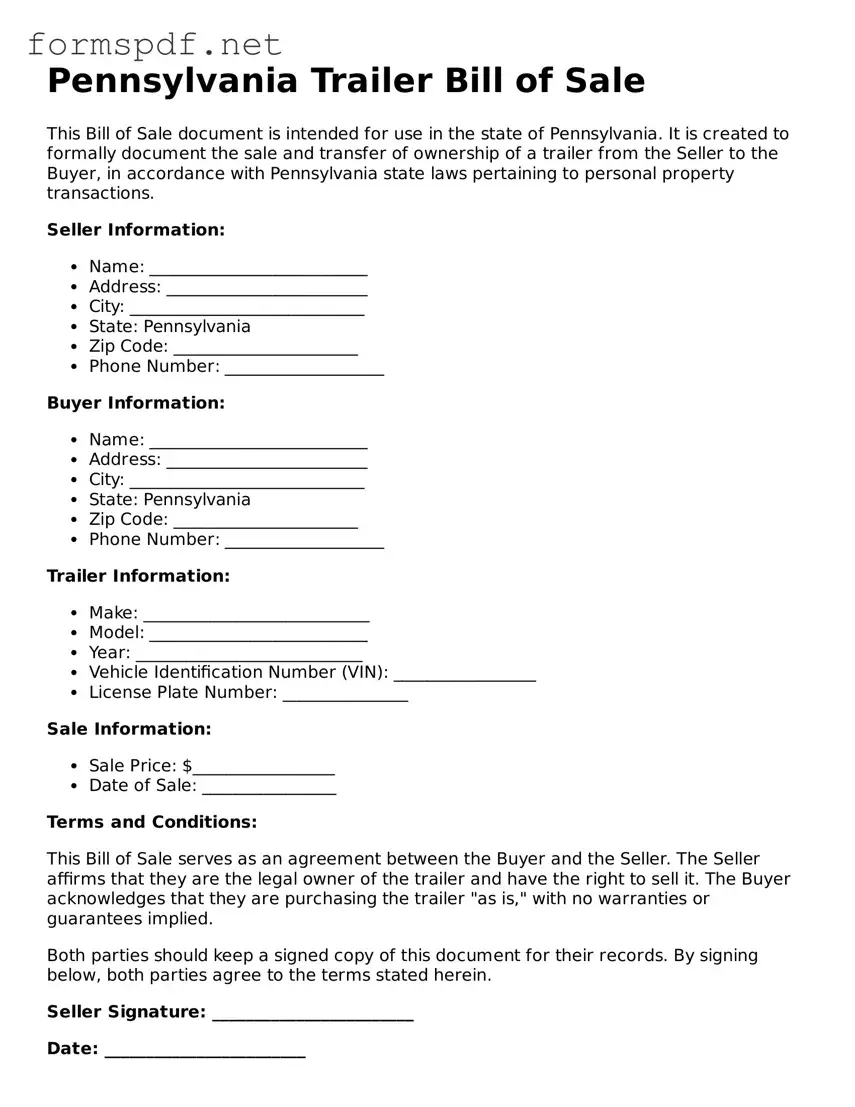 Free  Trailer Bill of Sale Form for Pennsylvania