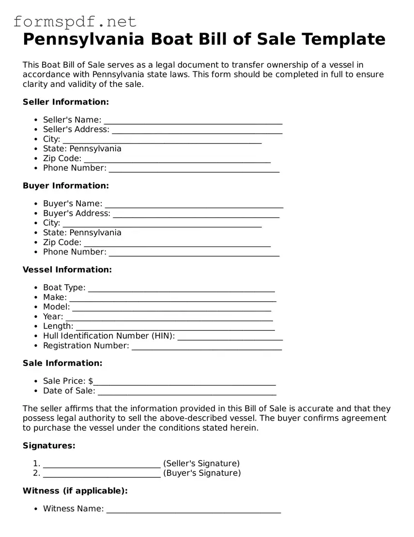 Free  Boat Bill of Sale Form for Pennsylvania