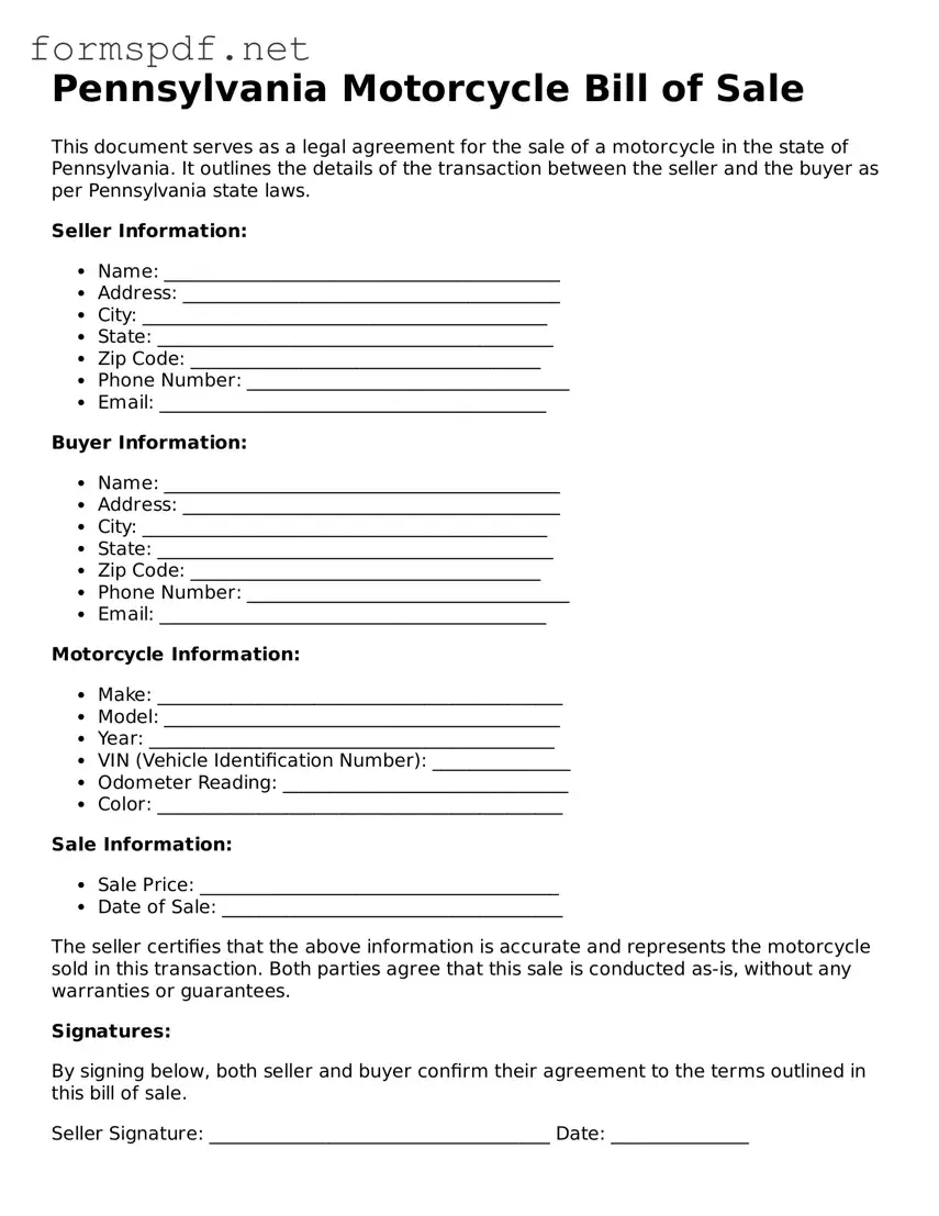 Free  Motorcycle Bill of Sale Form for Pennsylvania