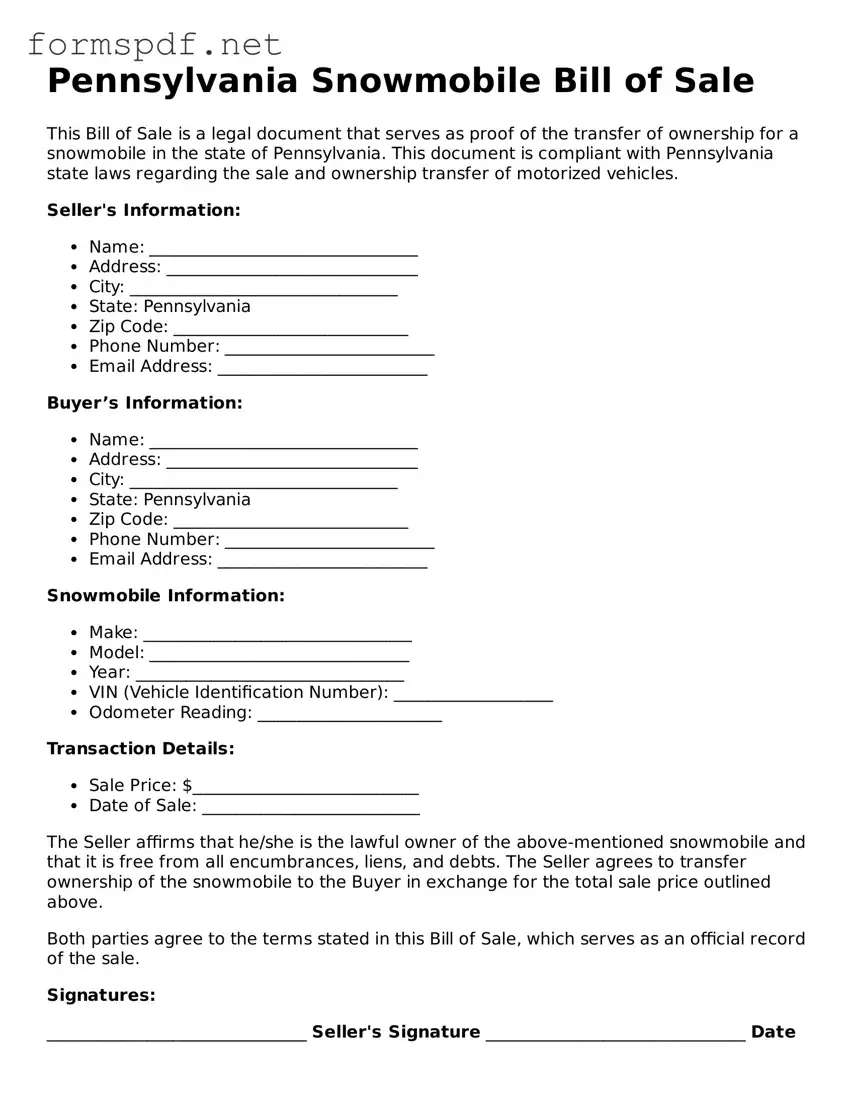 Free  Snowmobile Bill of Sale Form for Pennsylvania