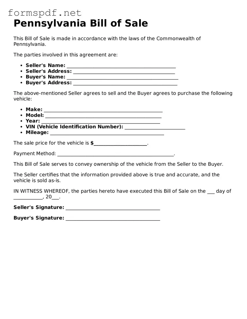 Free  Bill of Sale Form for Pennsylvania