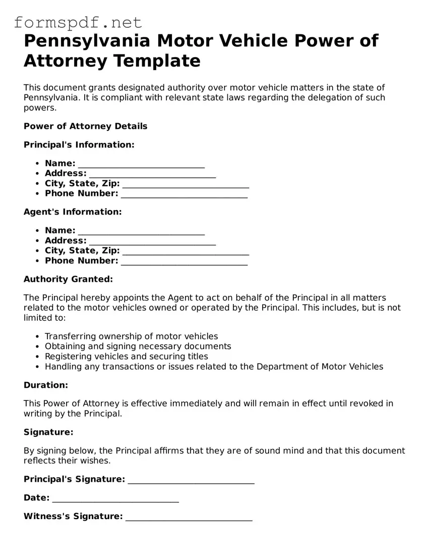 Free  Motor Vehicle Power of Attorney Form for Pennsylvania