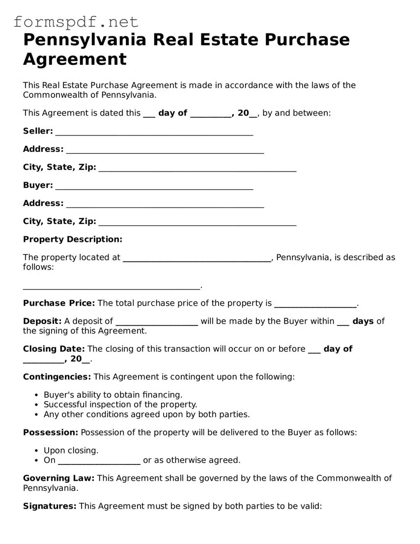 Free  Real Estate Purchase Agreement Form for Pennsylvania