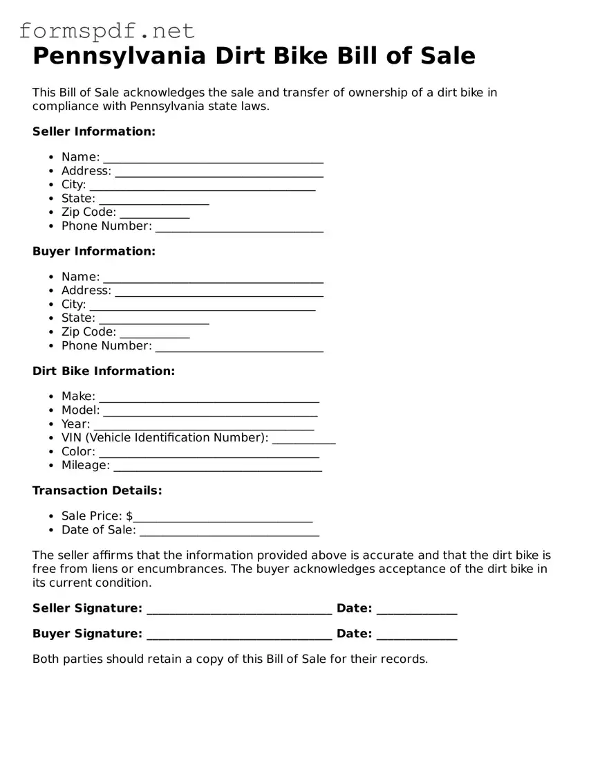 Free  Dirt Bike Bill of Sale Form for Pennsylvania