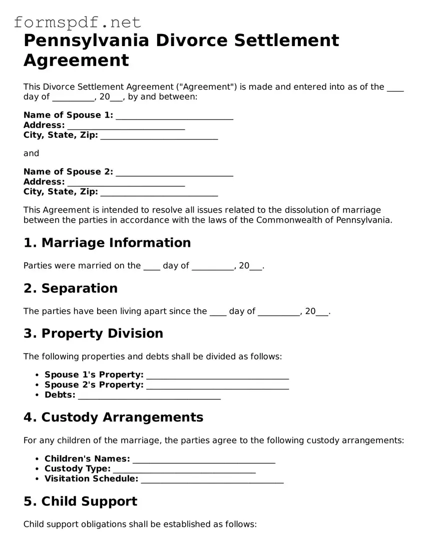 Free  Divorce Settlement Agreement Form for Pennsylvania