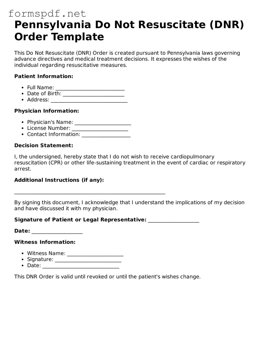 Free  Do Not Resuscitate Order Form for Pennsylvania