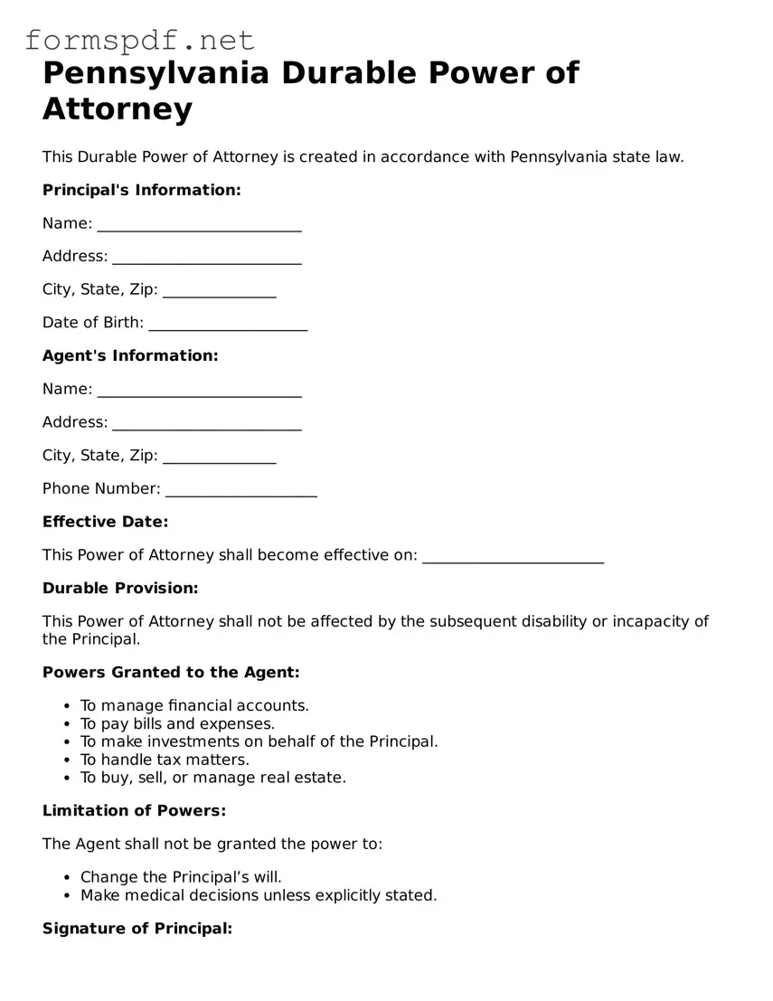 Free  Durable Power of Attorney Form for Pennsylvania